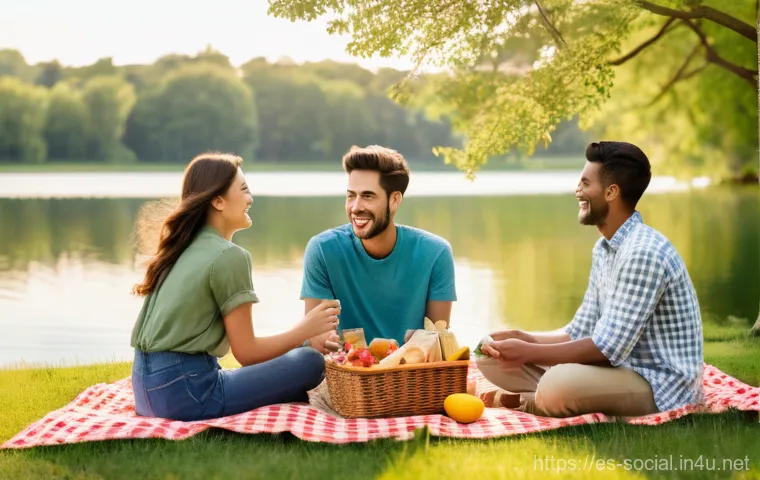 소셜미디어 콘텐츠로 브랜드 신뢰 쌓기 - Prompt 1: Serene Lakeside Picnic with Friends**