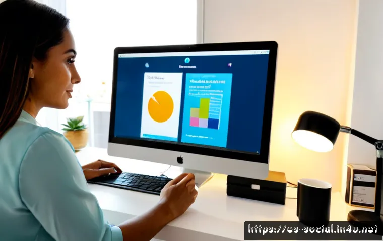 소셜미디어마케터를 위한 AI 활용법 - Photorealistic social media marketer in a bright modern Madrid-style home office, Hispanic woman in ...