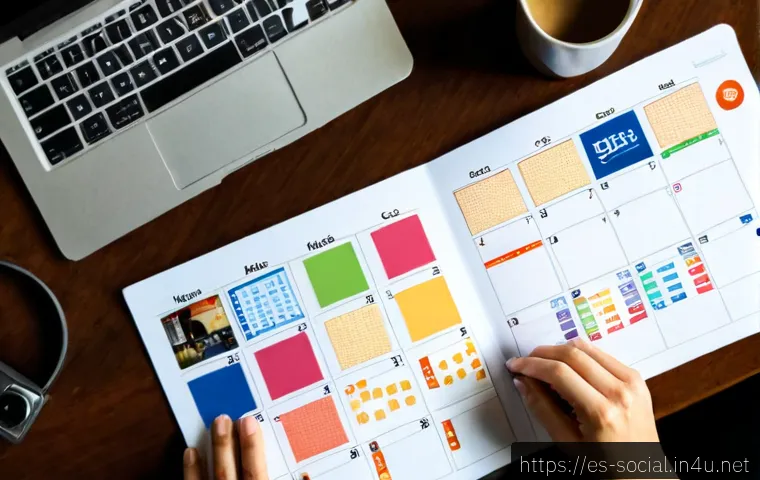 소셜미디어 콘텐츠 기획 방법 - Photorealistic overhead view of a Spanish-speaking social media content planner’s desk in a bright M...